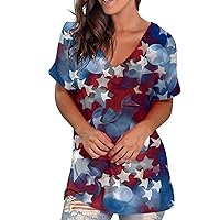 Plus Size Womens Stars Stripes Split Side Tunic Tops Summer July 4th Short Sleeve V Neck Casual Loose Fit T-Shirts