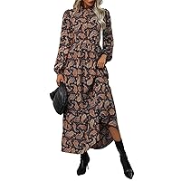 Women Summer Dresses 2023 Paisley Print Button Front Lantern Sleeve Ruffle Hem Maxi Dress