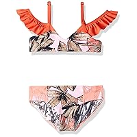 Maaji Girls' Off The Shoulder Ruffle Bikini Swimsuit Set, Carica Papaya Orange Palm, 2