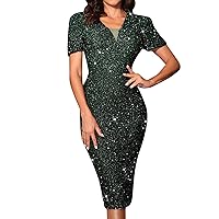 XJYIOEWT Silver Formal Dress for Women,Women's Sexy V Neck Retro Green Sequined Dress Evening Dress Womens Cold Shoulder