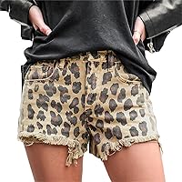 Andongnywell Cut Off Leopard Print Denim Shorts for Women Frayed Jean Short Mid Rise Shorts Comfy with Pockets