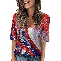 4Th of July Womens 1/2 Sleeve Shirts Casual Patriotic Tee Loose Fit Trendy Elbow Sleeve Tops Independence Day V Neck Blouse