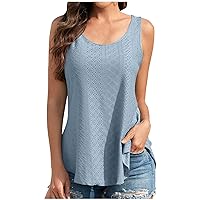 Women Scoop Neck Sleeveless Tops 2024 Eyelet Embroidery Fashion Tank Tops Summer Casual Loose Fit Solid Beach Shirts