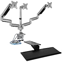 Mount-It! Triple Monitor Mount with USB and Audio Ports, Height Adjustable Arms for 24-32 Inch Screens and Under Desk Keyboard Tray and Mouse Platform with Gel Wrist Pad, 17 inch Space Saving Track