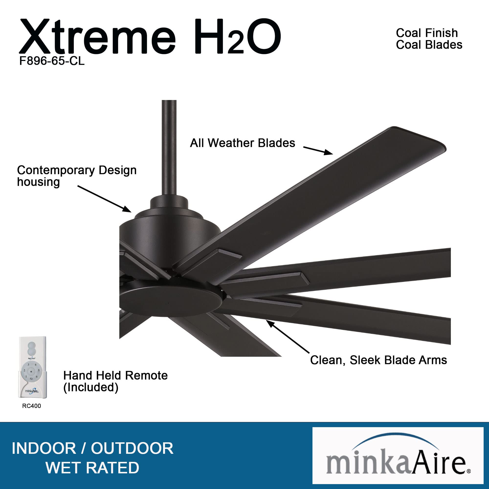 Minka-Aire F896-65-CL Xtreme H2O 65 Inch Outdoor Ceiling Fan with DC Motor in Coal Finish