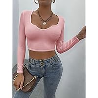 Women's Shirts Women's Tops Shirts for Women Notched Neck Ribbed Knit Crop Tee (Color : Pink, Size : XX-Small)