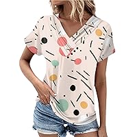 Women Tops Trendy V Neck Retro Printed T Shirts Fashion Pleated Button Tees Short Sleeve Clothes Spring Summer Blouse