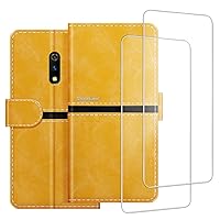 Phone Case Compatible with Oppo Realme X + [2 Pack] Screen Protector Glass Film, Premium Leather Magnetic Protective Case Cover for Oppo K3 (6.5 inches) Gold