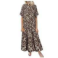 Women's Beach Dress Casual Loose-Fitting Summer Short Sleeve Long Flowy Print Swing Round Neck Trendy Glamorous