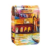 Portable Makeup Lipstick Case for Traveling, Oil Painting of Venice Italy Mini Lipstick Storage Box with Mirror for Women Ladies, Leather Cosmetic Pouch