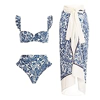 Cute Swimsuits for Teen Girls Under 10 Print 2 Piece Swimwear+1 Piece Cover UP Three Piece Vintage Print