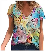 Love T-Shirts Women Colorful Heart Print Graphic Tee Tops Summer Casual V Neck Short Sleeve T Shirts Loose Pullover Blouses