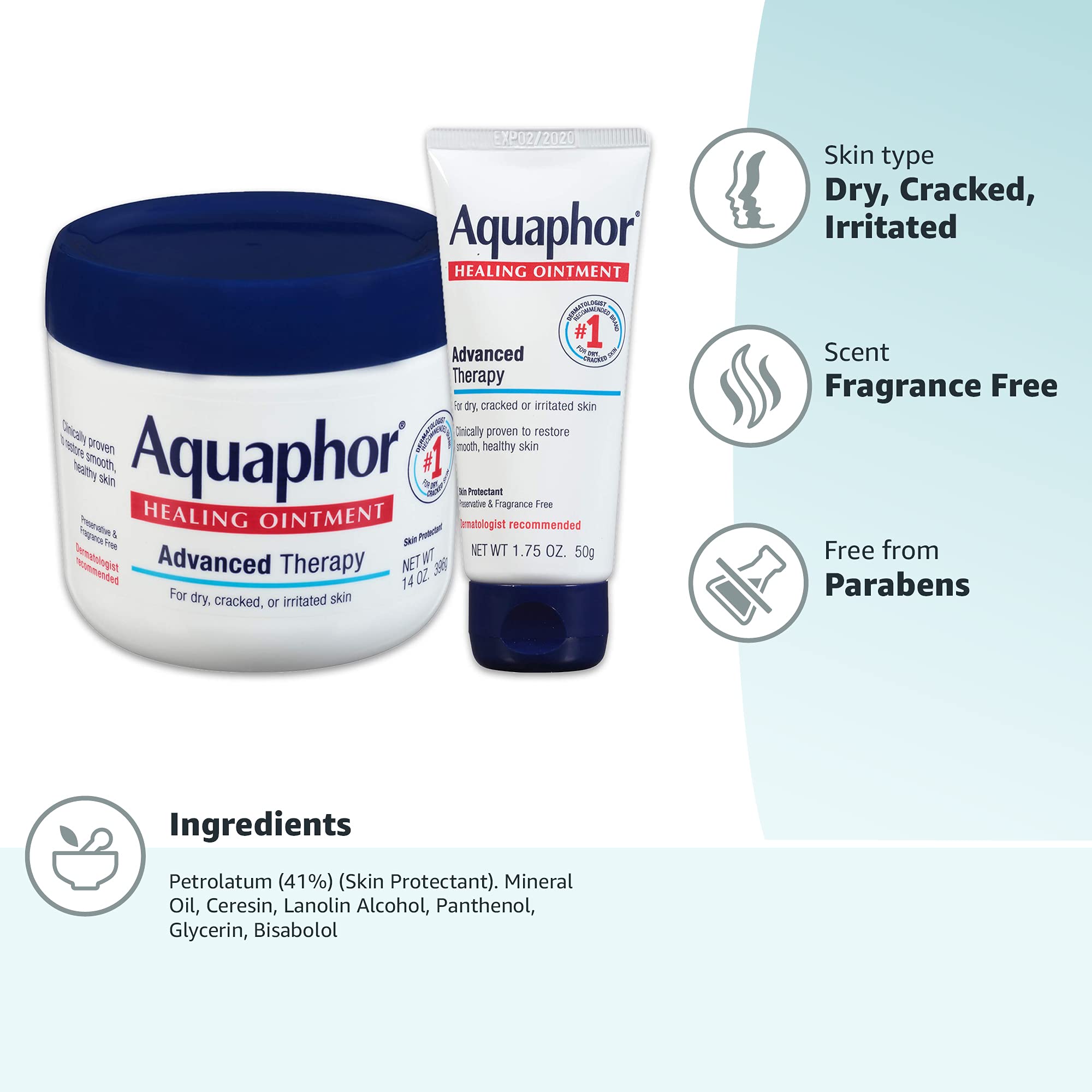 Aquaphor Aquaphor healing ointment - moisturizing skin protectant for dry cracked hands, heels and elbows - 14 oz. jar + 1.75 oz. tube, 15.75 Ounce