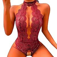 SNKSDGM Bodysuit for Women Babydoll Lace Chemise V Neck Tie-Front Nightwear Tights Sexy Fishnet Nighties