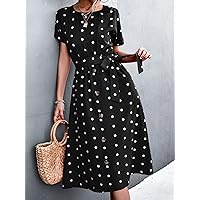 Spring Dresses for Women 2023 Polka Dot Print Batwing Sleeve Belted Dress Dress for Women (Color : Black, Size : Large)