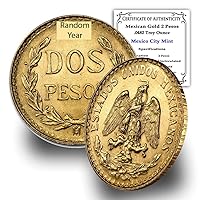 1919-1948 (Random Year) Mexican 1/5 Hidalgo Gold 2 Pesos Coin Brilliant Uncirculated with Certificate of Authenticity - Moneda de Oro Puro 2 MX BU
