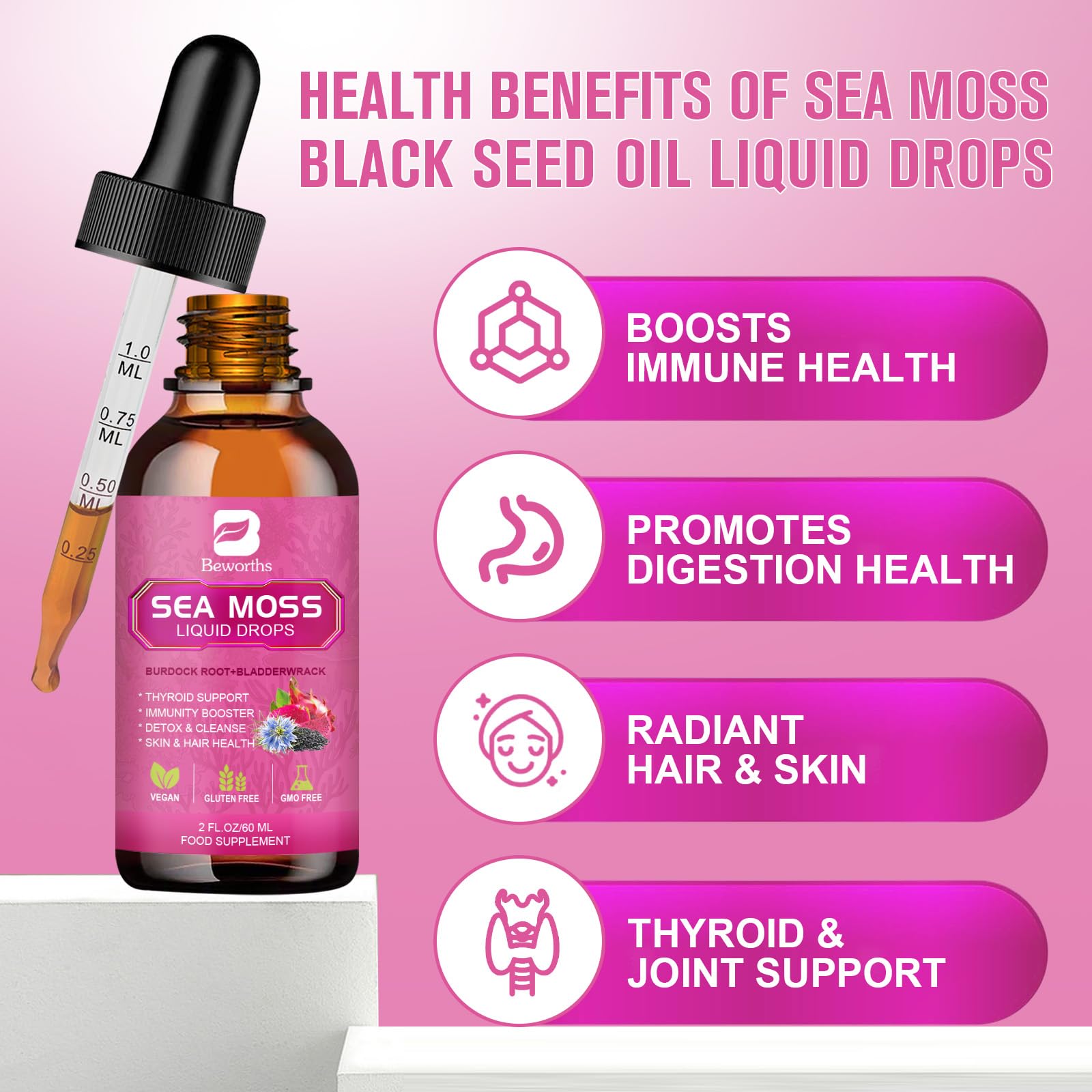 B BEWORTHS 3000mg Sea Moss Liquid Drops - Black Seed Oil & Irish Sea Moss Gel, Elderberry Syrup | Black Elderberry Liquid Drop, 6X Stronger for Immunity Booster, Joint & Thyroid, Digestive Health