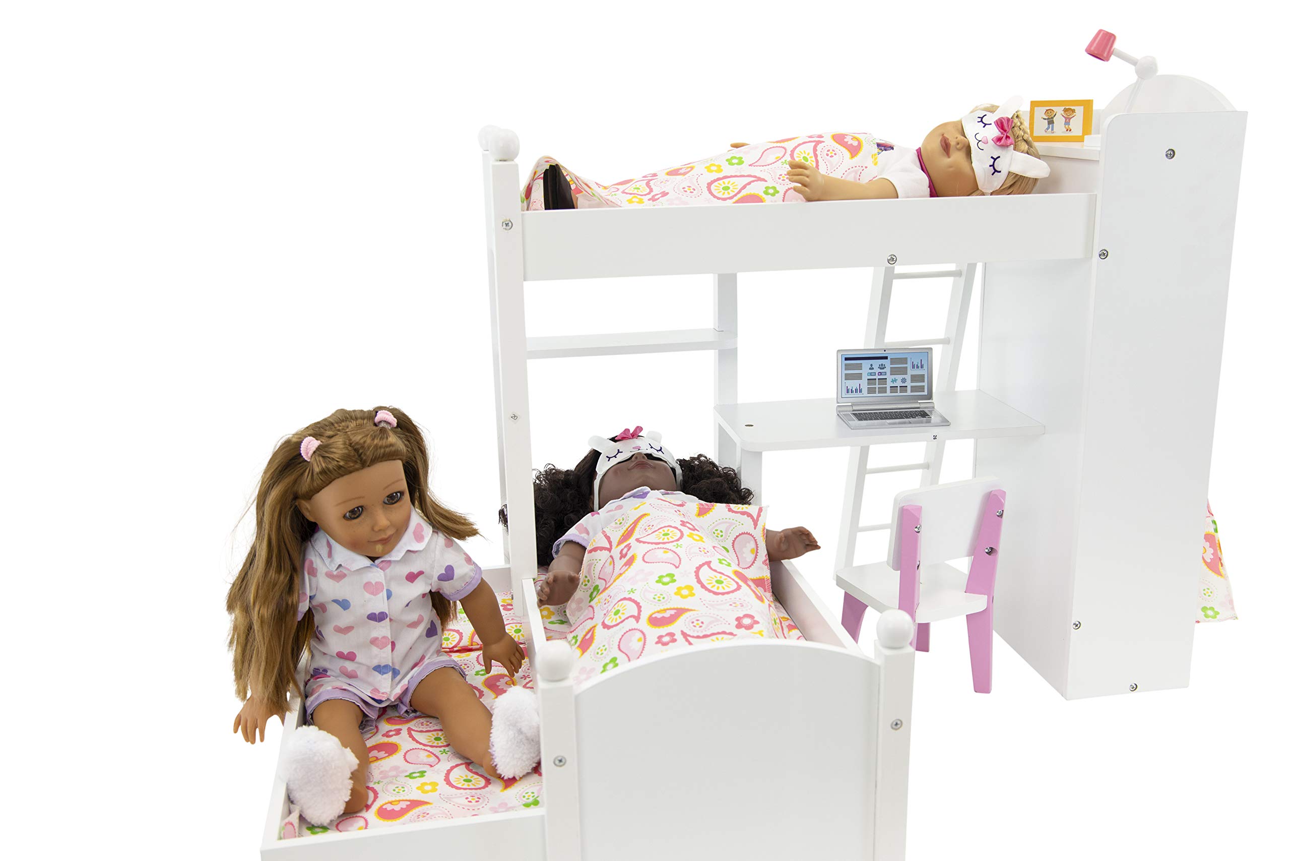 Playtime by Eimmie 18 Inch Doll Bed - Doll Furniture Bunk Beds with Trundle - Bedding, Pillow, & Basket Accessories - Wooden Bedroom Set for American, Generation & Other 14-18” Girl Dolls - White Wood