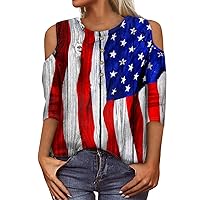 Women's 4Th of July Outfits Summer Shirt Fashion Loose Casual Print Button Off Shoulder 3/4 Sleeve Top Shirts