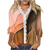 YZHM Womens Fashion Shirts 3/4 Sleeve Tops Marble Print Tshirts V Neck Lace Trim Tunic Tops Dressy Casual Blouses Trendy Tees