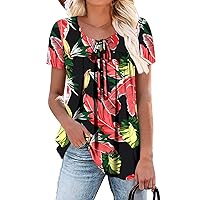 BETTE BOUTIK Womens Summer Tops Short Sleeve Tunic Shirts Pleated Crewneck Corded Tops Blouses S-3XL