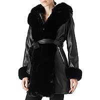 RISISSIDA Women Faux Leather Fur-lined Jacket with Hood and Fur Collar Winter Fashion,Thicken Thermal Heavy Overcoat Belted