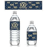 Navy Blue and Gold Happy 100th Birthday Party Water Bottle Labels - Waterproof Stickers - 24 Count