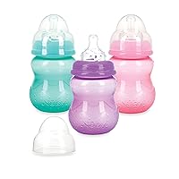 Nuby Wide Neck Non-Drip Bottle - Baby Bottles with Anti-Colic Vari-Flo Valve - (3-Pack) 8 Oz - 0+ Months - Aqua, Pink, Purple