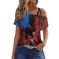 4th of July Shirts for Women 2024 American Flag Print Cold Shoulder Sexy Fashion with Short Sleeve Tunic Tops