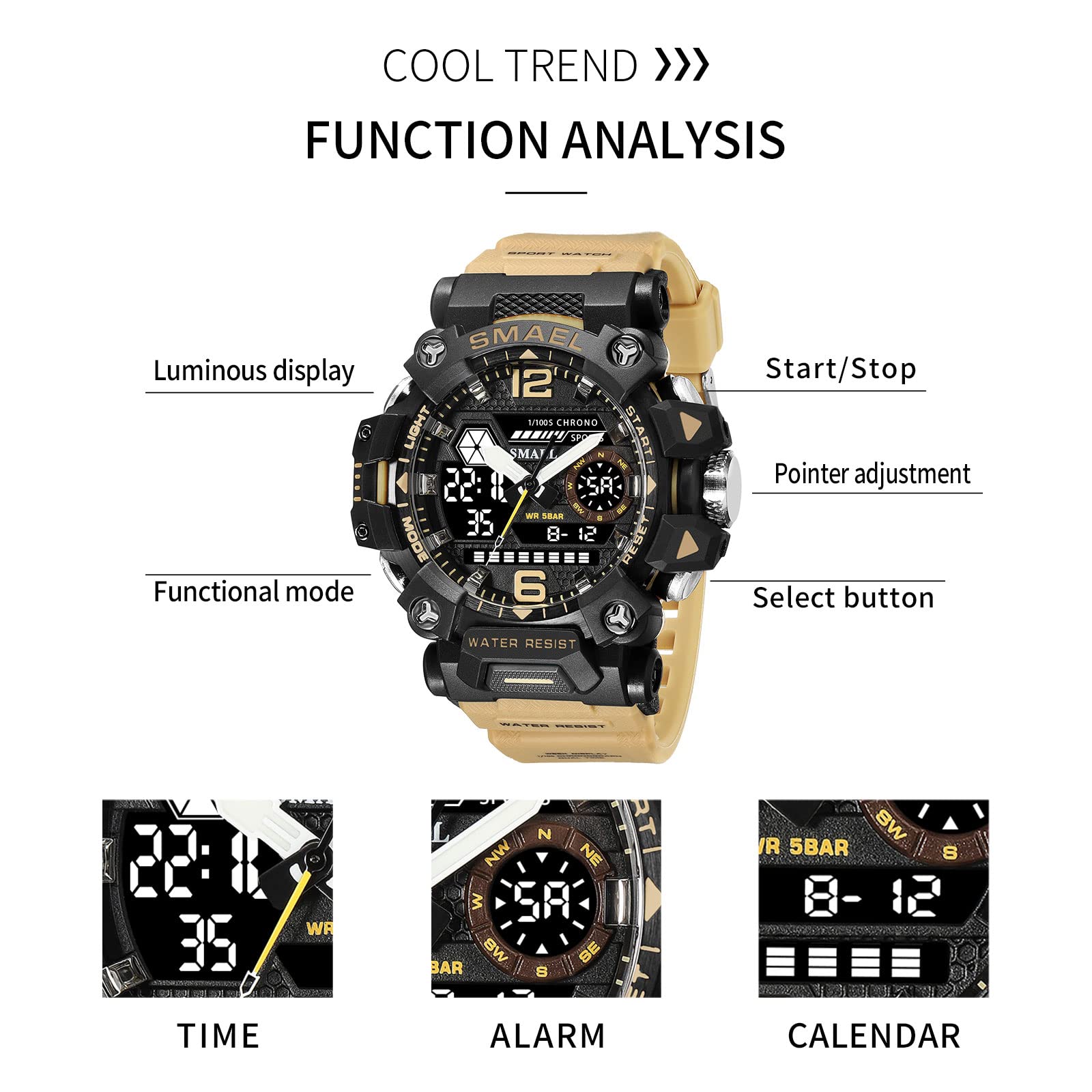 AIMES Mens Watches Sports Outdoor Waterproof Military Watch for Men Tactical Watch Analog Digital Date Alarm Stopwatch Multi-Function Tactics Big Face Wristwatch for Men