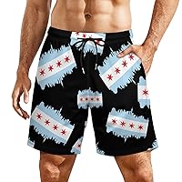 Chicago Flag with Buildings Skyline Men's Swim Trunks Beach Board Shorts Quick Dry Bathing Suits with Liner