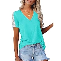 Womens Lace Short Sleeve V Neck T Shirts Summer Casual Tops Loose Fit Tees Blouses