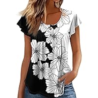 Ruffle Sleeve Summer Tops for Women 2024 Graphic Pleated Crew Neck T Shirts Button Casual Short Sleeve Blouses