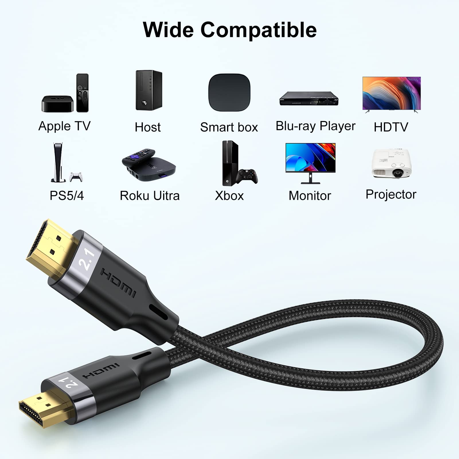 8K HDMI Cable 1 Feet 2-Pack, Short HDMI to HDMI Cable Ultra High Speed HDMI 2.1 Cord (Supports 8K@60Hz, 4K@120Hz, 2K, 1080P, eARC, HDR, 3D) Compatible for Laptop, PC, Monitor, HDTV, PS4/5 and More