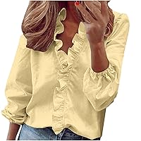 Sold by Only Products Ruffle V Neck Blouses for Women Dressy Casual 3/4 Sleeve Tops Classy Plain Shirts Office Work Tshirt for Ladies Neon Shirts for Women