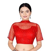 Aashita Creations Net Blouse with Embroidery and Sequence Work(Red-Free Size) _1146