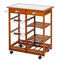 HOMCOM Wooden Rolling Kitchen Cart, Tile Counter Top Kitchen Island on Wheels with Towel Rack, 2 Drawers, 2 Shelves, Wire Baskets & Wine Rack, Natural