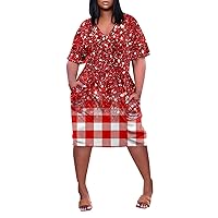 V Neck Dress Ladies Summer Short Sleeve Trendy Knee 2024 Plus Size Women's Pocket Loose Printed Trendy for Women