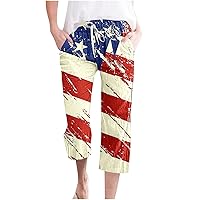American Flag Capri Pants Women 4th of July Patriotic Pants Summer Trendy Casual Elastic Waist Cropped Trousers