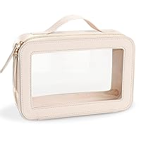 Clear Makeup Bag with Double Zipper - Transparent Makeup Bag Leather | Clear Makeup Case Bag, Clear Cosmetic Case (Off White)