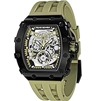 Watch for Men, Automatic Skeleton Mechanical Mens Watch, 50M Waterproof Luxury Tonneau Square Big Face Dial Watch with Silicone/Fluoroelastomer Watch Bands, Gifts for Men