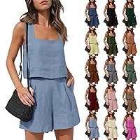 2 Piece Lounge Sets for Women 2024 Summer Solid Cotton Sets Sleeveless Square Neck Tank Top and Shorts with Pockets