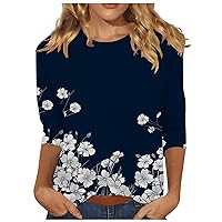 3/4 Length Sleeve Womens Tops Casual Loose Fit Crewneck T Shirts Cute Floral Printed Three Quarter Length Tunic Tops