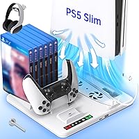 PS5 Slim Stand, Cooling Station with Dual Controller Charging Station for PS5 Console, PS5 Accessories with 3 Levels Fan, Headset Holder(Only for Playstation 5 Slim Digital/Disc)