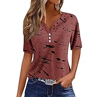 Womens Short Sleeve Tops Fashion Casual Vintage Printed V-Neck Decorative Button T-Shirt Top