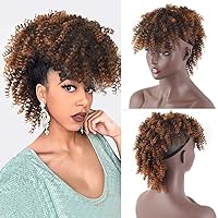 SCENTW High Puff Afro Ponytail with Bangs Short Kinky Curly Drawstring Ponytail Extension No Drawstring Synthetic Clip in Mohawk Ponytail Bun with Bangs Wrap Updo Clip in Hair Extensions