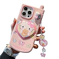 Compatible with iPhone 15 Pro Cartoon Case,Cute Funny Cat Kitty Phone Case with Makeup Mirror Kickstand,Pink Kawaii Phone Case for Kids Girls and Womens