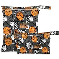 visesunny Basketball Abstract Grunge Sport Pattern 2Pcs Wet Bag with Zippered Pockets Washable Reusable Roomy for Travel,Beach,Pool,Daycare,Stroller,Diapers,Dirty Gym Clothes, Wet Swimsuits, Toiletrie