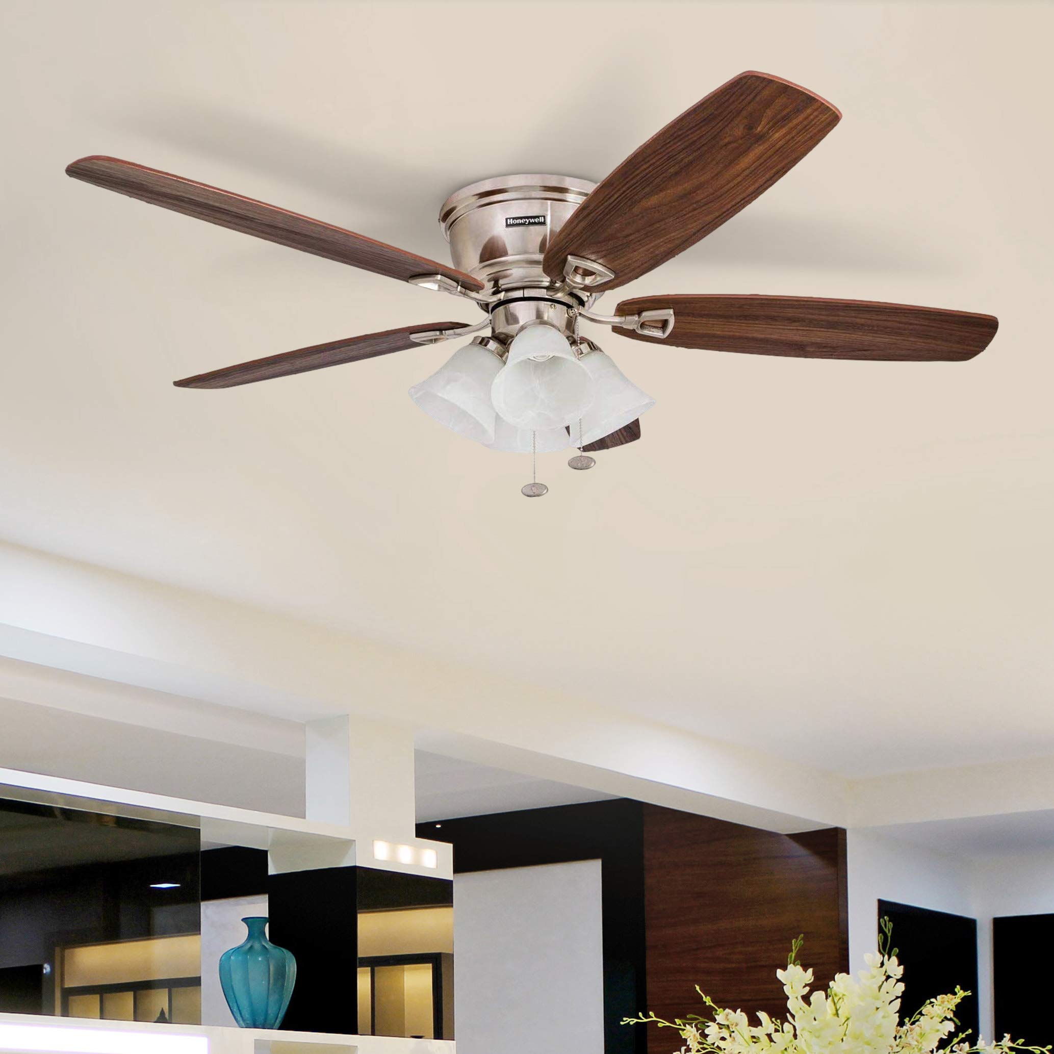 Honeywell Ceiling Fans Glen Alden, 52 Inch Classic Flush Mount Indoor LED Ceiling Fan with Light, Pull Chain, Quick-2-Hang Dual Finish Blades, Reversible Motor - 50182 (Brushed Nickel)