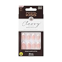 KISS Classy Nails Premium, Press-On Nails, Nail glue included, Highlights', French, Medium Size, Almond Shape, Includes 30 Nails, 2g glue, 1 Manicure Stick, 1 Mini File